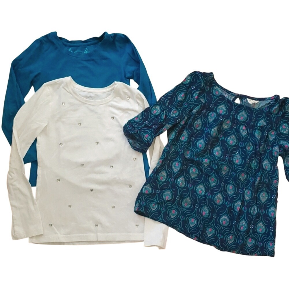 3 Pack Girls 7-8 Long Sleeve Shirts -‎ Peacock, Hearts, Turquoise